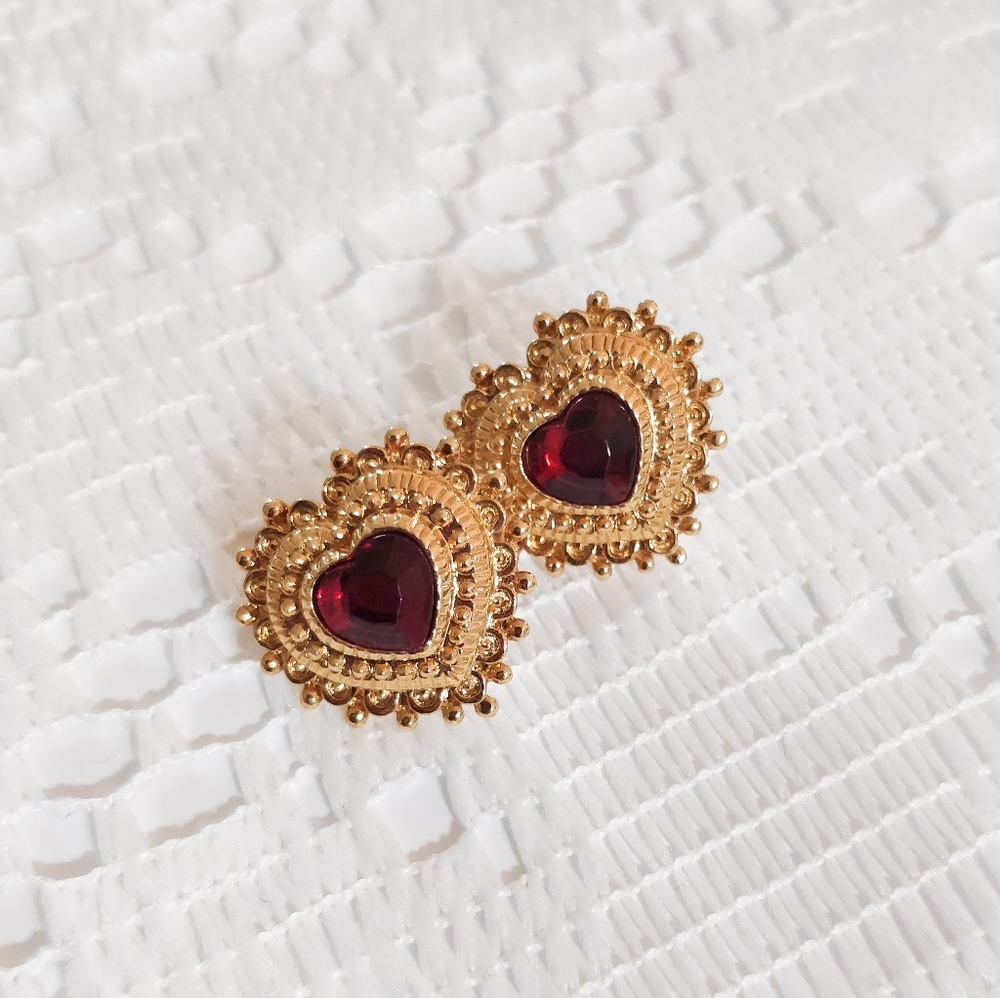 Antique Gold and Ruby Heart Earrings Studs